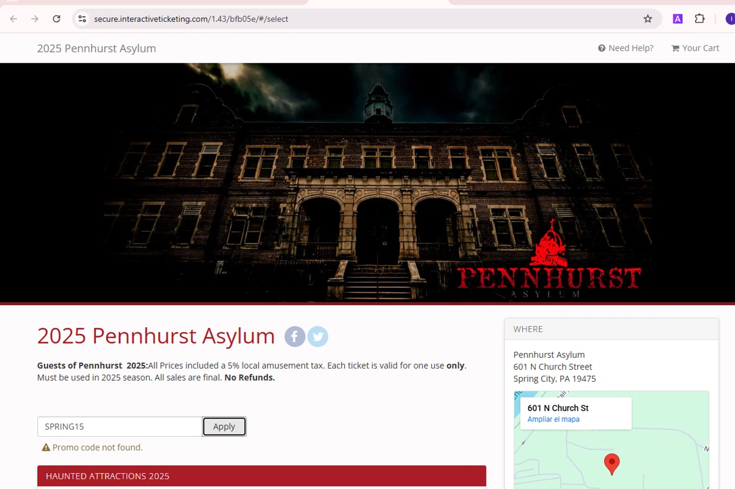 PennHurst Asylum promo code screenshot showing code SPRING15 applied at PennHurst Asylum checkout page. Uploaded by SimplyCodes community member rafael2 on Feb 11, 2025