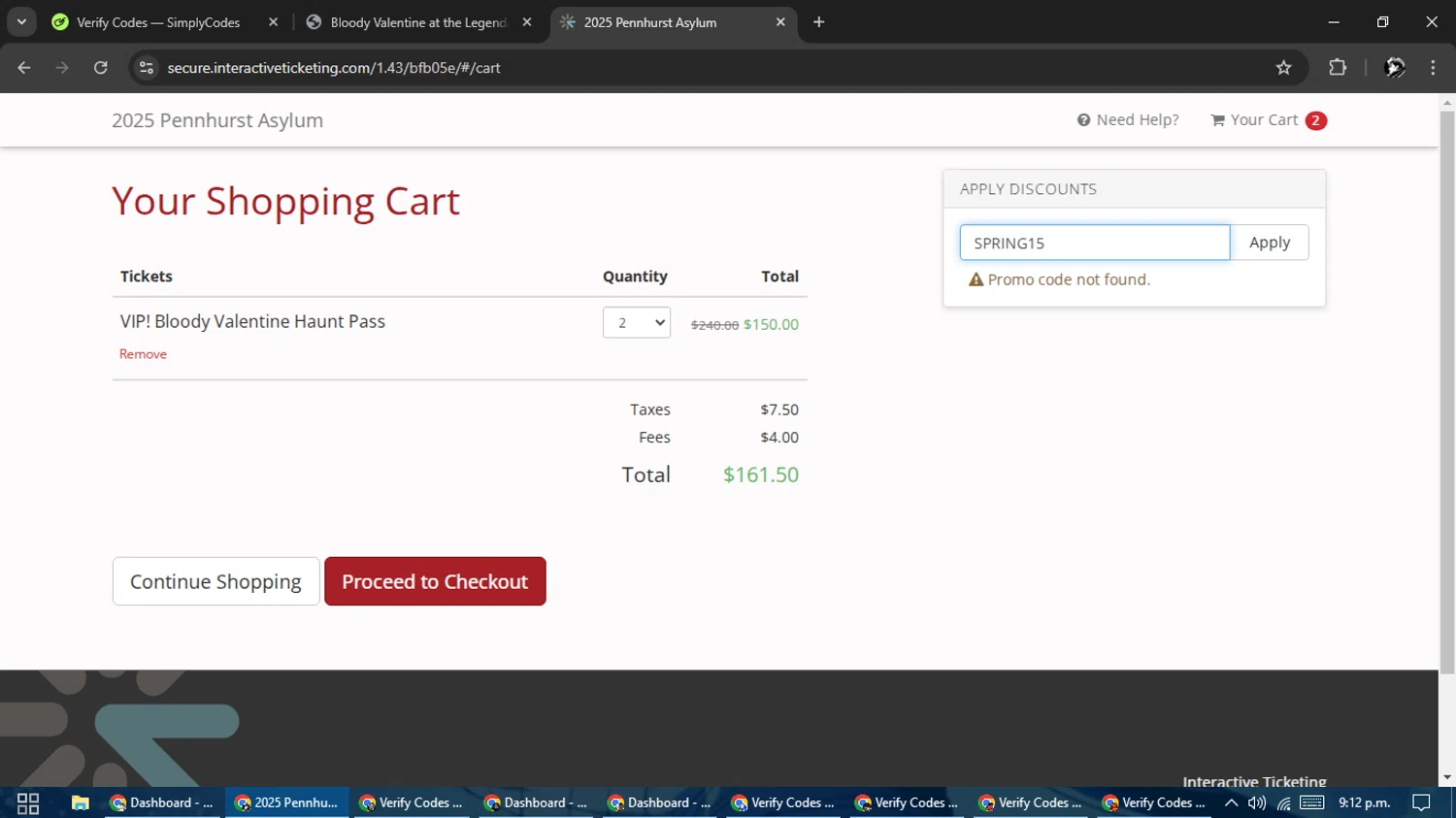 PennHurst Asylum promo code screenshot showing code SPRING15 applied at PennHurst Asylum checkout page. Uploaded by SimplyCodes community member SavvyChaser6563 on Jan 23, 2025
