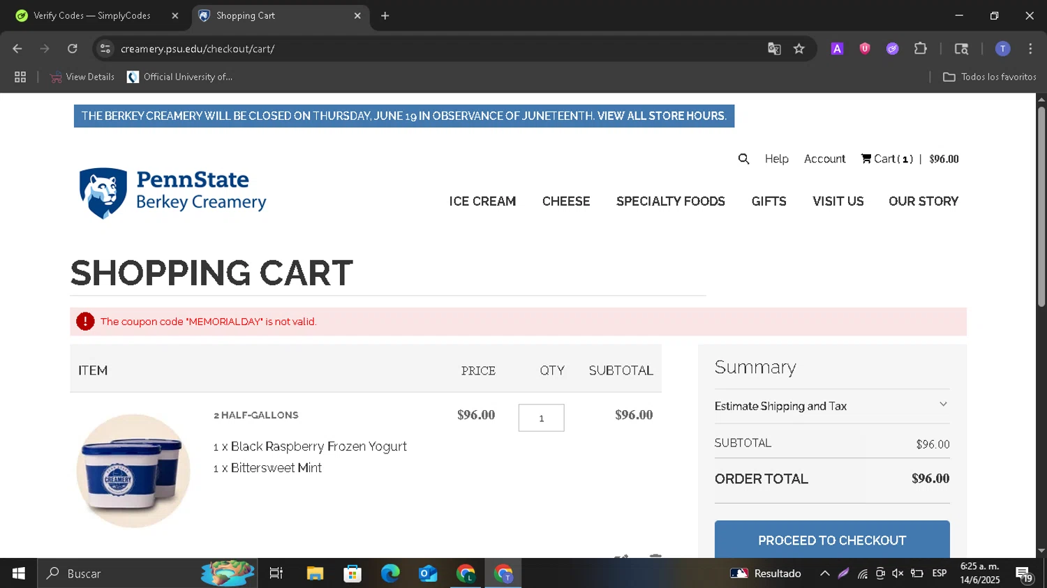 Penn State coupon code screenshot showing code MEMORIALDAY applied at Penn State checkout page. Uploaded by SimplyCodes community member ShrewdSaver8478 on Jun 14, 2025