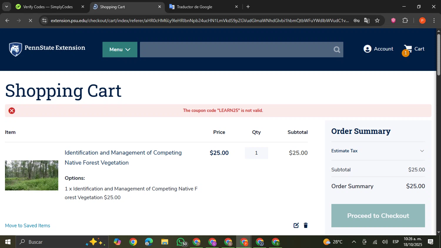 Penn State coupon code screenshot showing code LEARN25 applied at Penn State checkout page. Uploaded by SimplyCodes community member VictoriousCaptain2658 on Oct 18, 2025