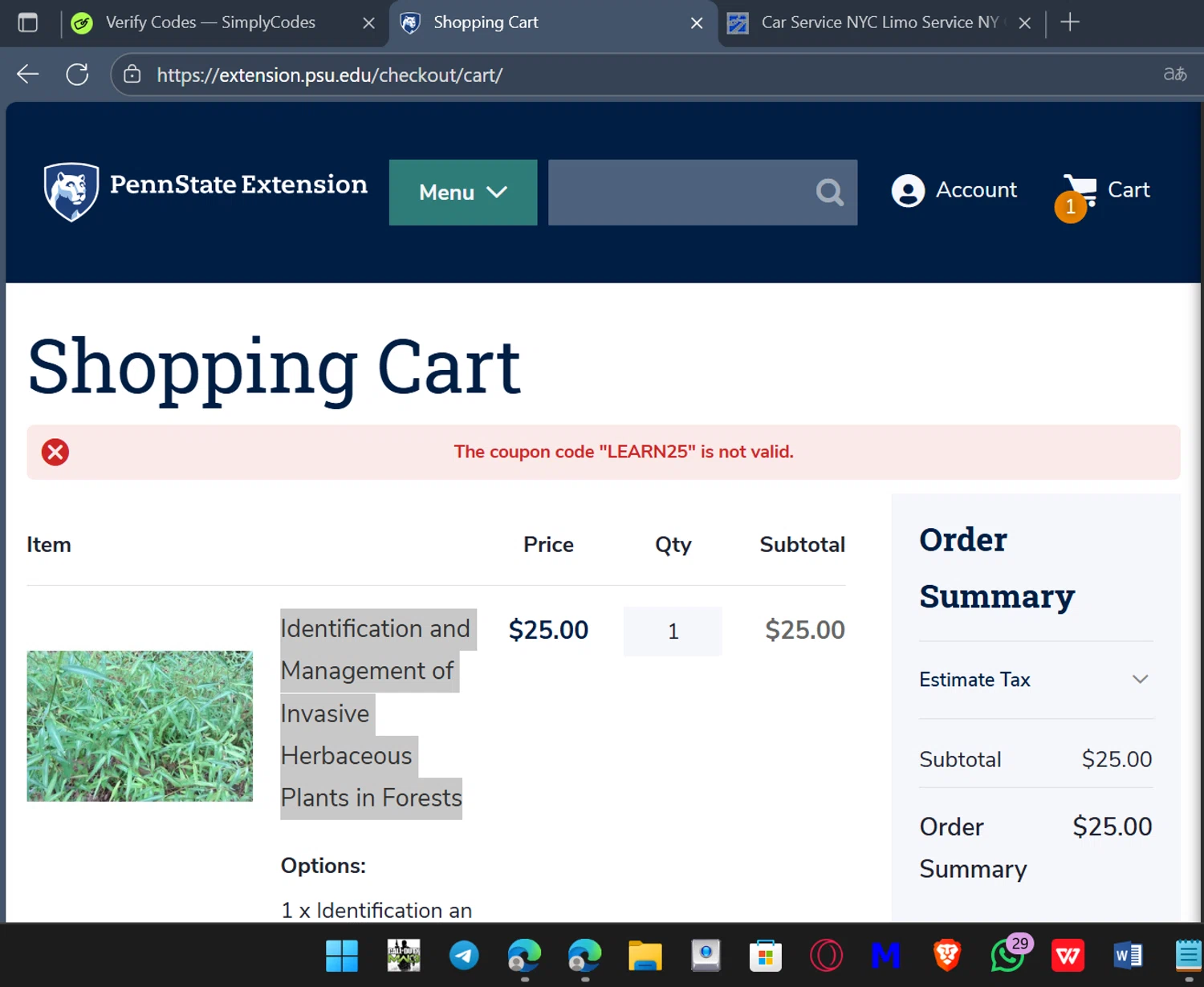 Penn State coupon code screenshot showing code LEARN25 applied at Penn State checkout page. Uploaded by SimplyCodes community member comidaparallevar on Oct 18, 2025