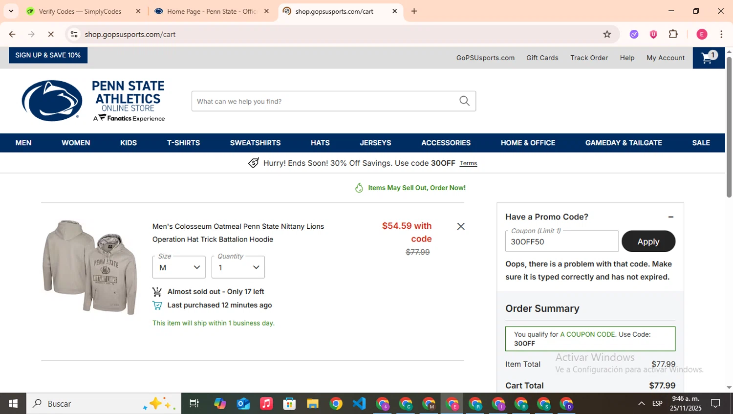 Penn State coupon code screenshot showing code 30OFF50 applied at Penn State checkout page. Uploaded by SimplyCodes community member CouponHero7312 on Nov 25, 2025