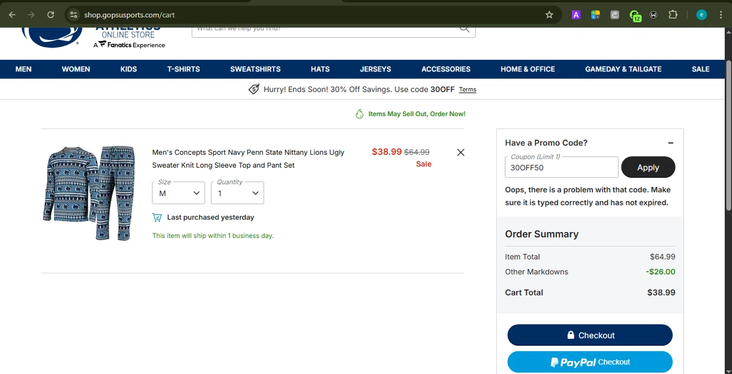 Penn State coupon code screenshot showing code 30OFF50 applied at Penn State checkout page. Uploaded by SimplyCodes community member LOVECOUPON on Nov 25, 2025