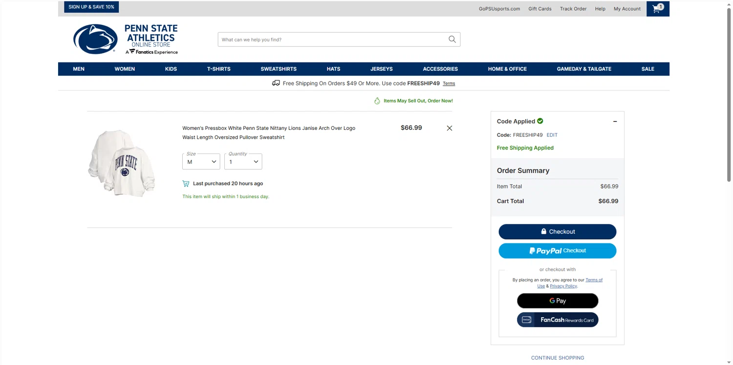 Penn State checkout page showing Penn State coupon code box | Screenshot taken by SimplyCodes community member on Feb 1, 2026