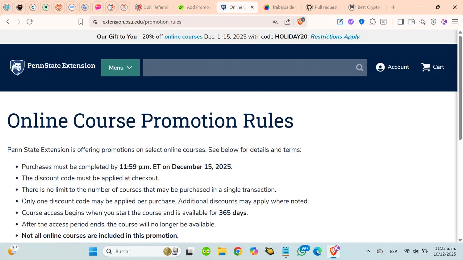 Penn State coupon code screenshot showing code HOLIDAY20 applied at Penn State checkout page. Uploaded by SimplyCodes community member cosita on Dec 10, 2025