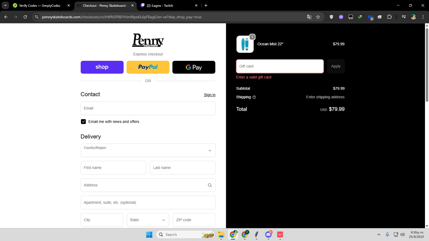 Penny Skateboards coupon code screenshot showing code WELCOME10 applied at Penny Skateboards checkout page. Uploaded by SimplyCodes community member franalepe on Sep 26, 2025