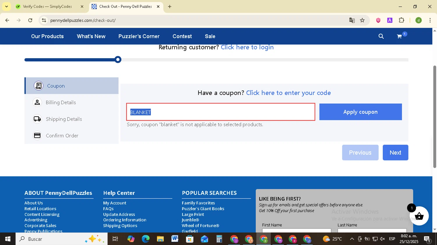 Penny Dell Puzzles coupon code screenshot showing code BLANKET applied at Penny Dell Puzzles checkout page. Uploaded by SimplyCodes community member SavingsSentinel833 on Dec 25, 2025