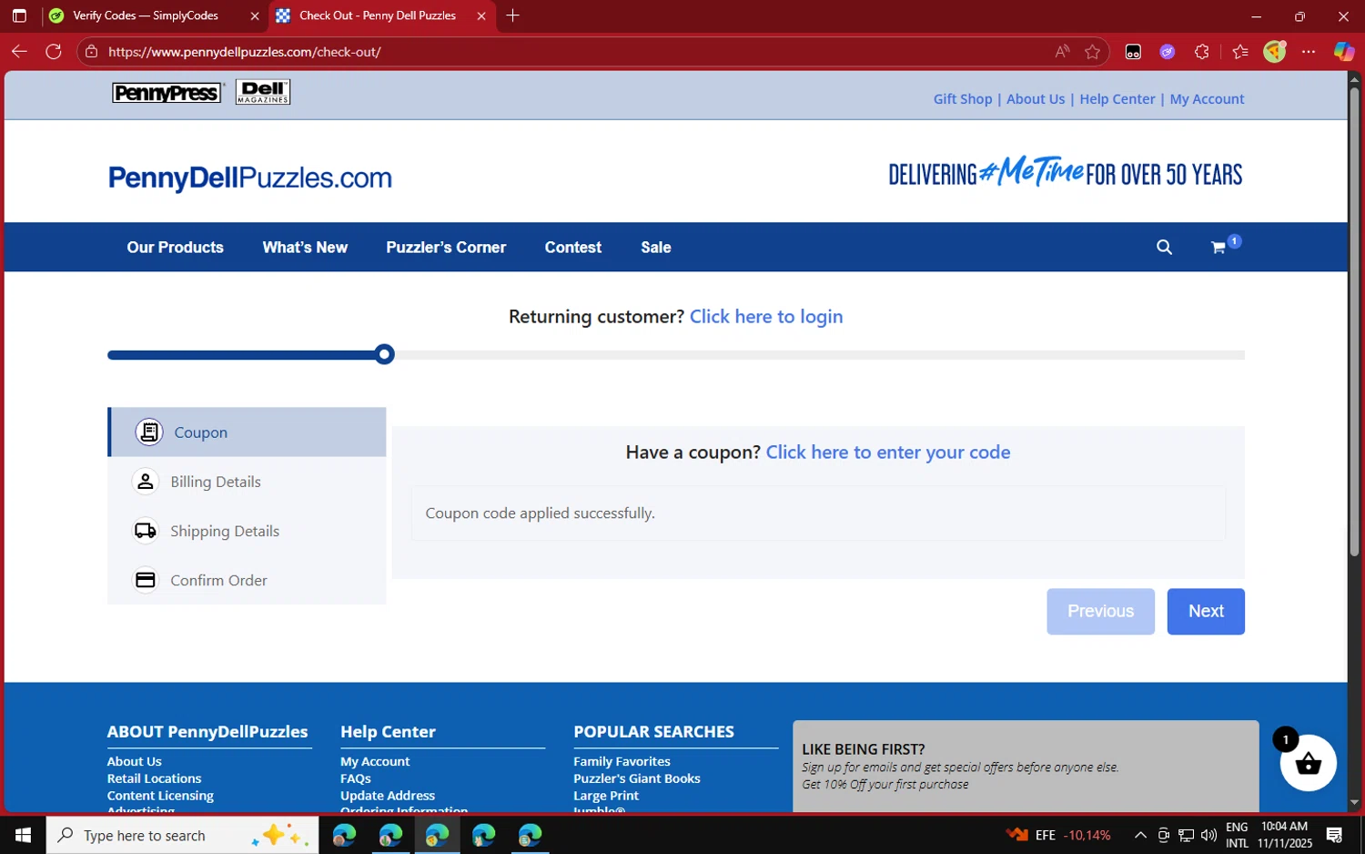 Penny Dell Puzzles coupon code screenshot showing code BLANKET applied at Penny Dell Puzzles checkout page. Uploaded by SimplyCodes community member jvllsk2 on Nov 11, 2025