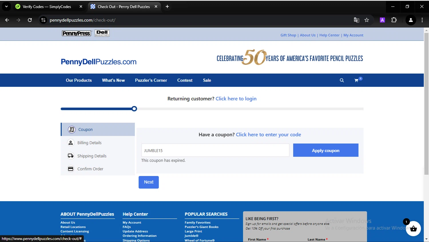 Penny Dell Puzzles coupon code screenshot showing code JUMBLE15 applied at Penny Dell Puzzles checkout page. Uploaded by SimplyCodes community member CarlesPlanas on Jan 16, 2025