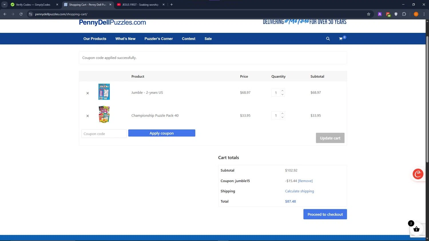 Penny Dell Puzzles checkout page showing Penny Dell Puzzles coupon code box | Screenshot taken by SimplyCodes community member on Jan 22, 2026