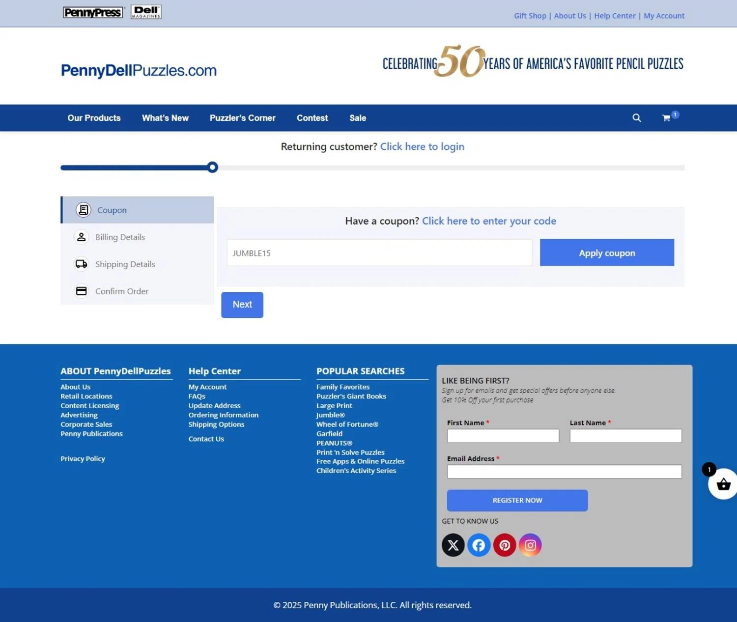 Penny Dell Puzzles coupon code screenshot showing code JUMBLE15 applied at Penny Dell Puzzles checkout page. Uploaded by SimplyCodes community member Tragedy on Jan 16, 2025