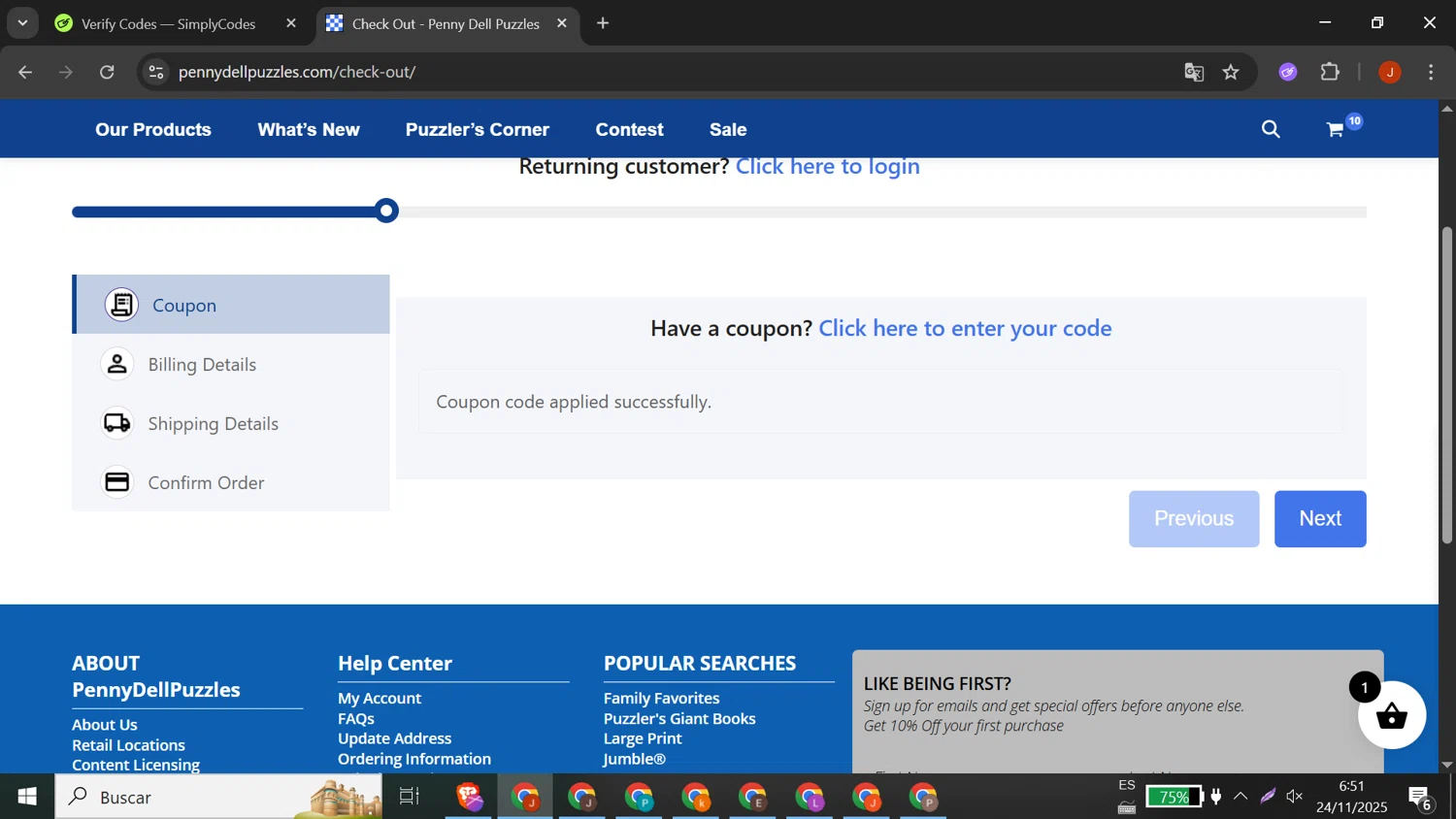 Penny Dell Puzzles coupon code screenshot showing code WHISJ4 applied at Penny Dell Puzzles checkout page. Uploaded by SimplyCodes community member DORIANGEL on Nov 24, 2025