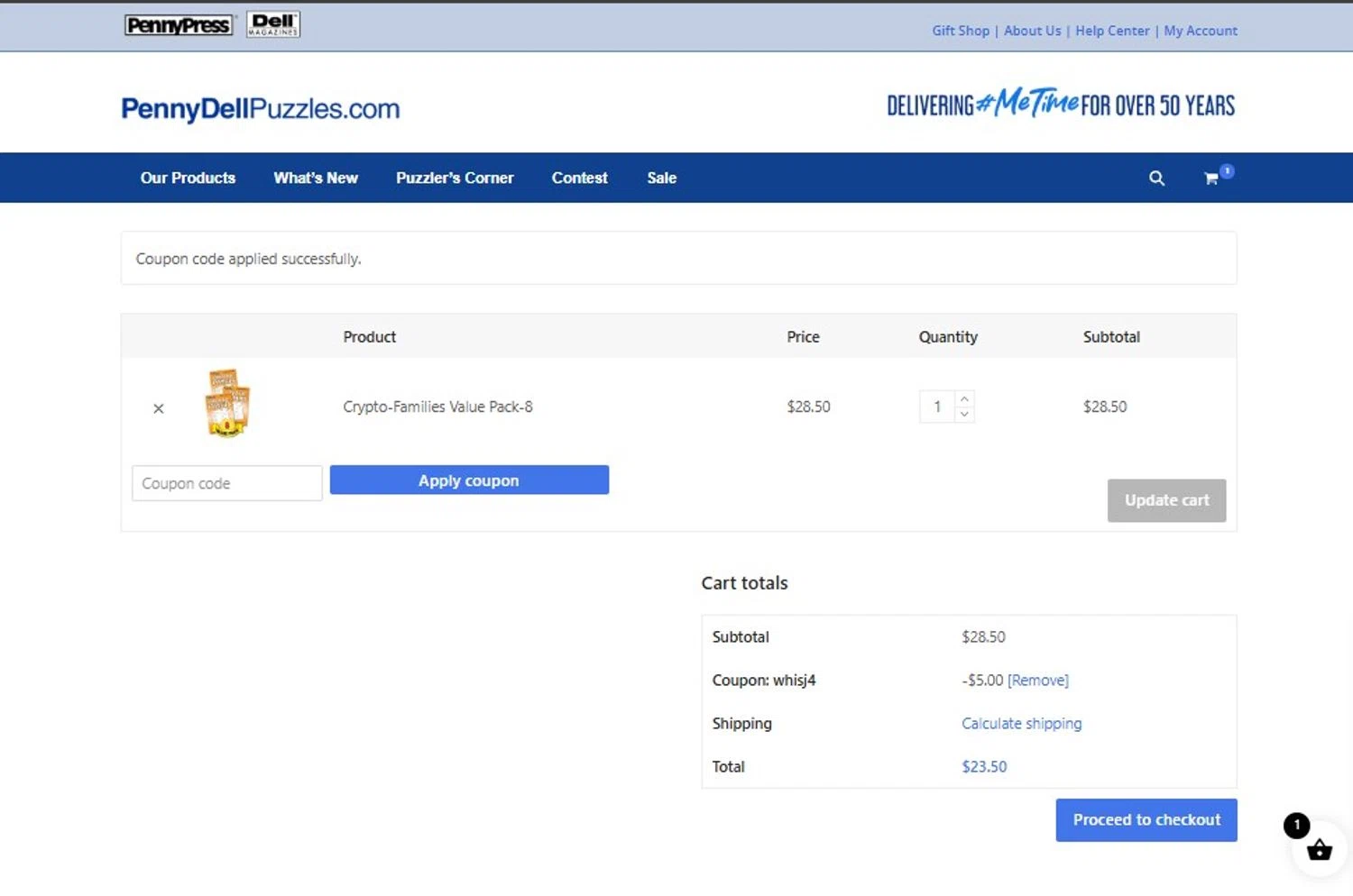 Penny Dell Puzzles coupon code screenshot showing code WHISJ4 applied at Penny Dell Puzzles checkout page. Uploaded by SimplyCodes community member FortunateScholar5901 on Nov 1, 2025