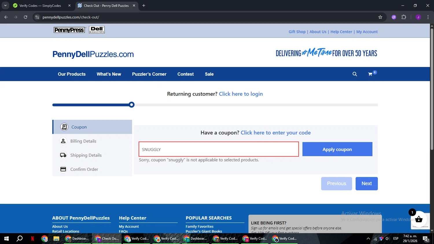 Penny Dell Puzzles checkout page showing Penny Dell Puzzles coupon code box | Screenshot taken by SimplyCodes community member on Jan 29, 2026