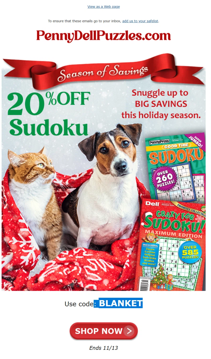 Penny Dell Puzzles coupon code screenshot showing code BLANKET applied at Penny Dell Puzzles checkout page. Uploaded by SimplyCodes community member OMPU0408 on Nov 11, 2025