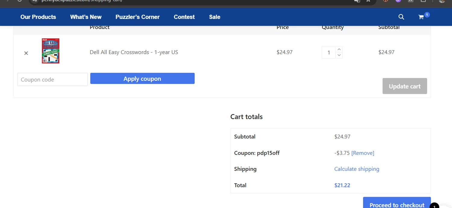 Penny Dell Puzzles coupon code screenshot showing code pdp15off applied at Penny Dell Puzzles checkout page. Uploaded by SimplyCodes community member javierprez on Dec 30, 2025