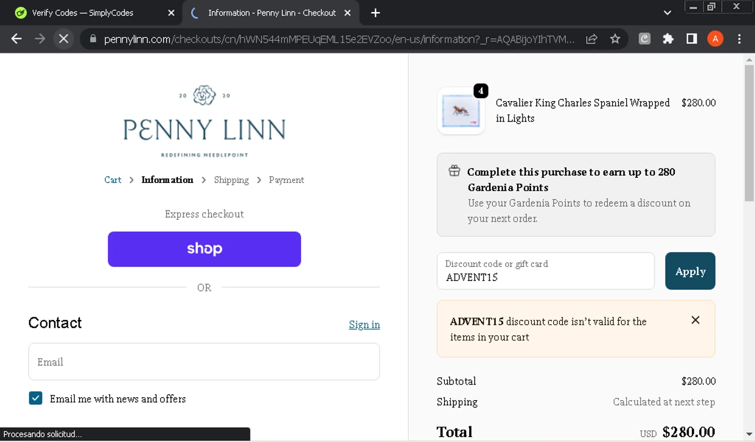 Penny Linn Designs promo code screenshot showing code ADVENT15 applied at Penny Linn Designs checkout page. Uploaded by SimplyCodes community member GloriousOwl8819 on Nov 8, 2025