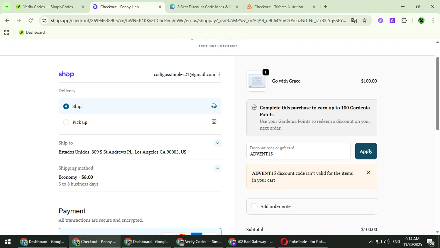 Penny Linn Designs promo code screenshot showing code ADVENT15 applied at Penny Linn Designs checkout page. Uploaded by SimplyCodes community member MaitoGai on Nov 30, 2025