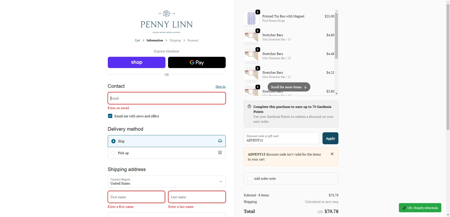 Penny Linn Designs promo code screenshot showing code ADVENT15 applied at Penny Linn Designs checkout page. Uploaded by SimplyCodes community member TreasureKnight4134 on Dec 10, 2025