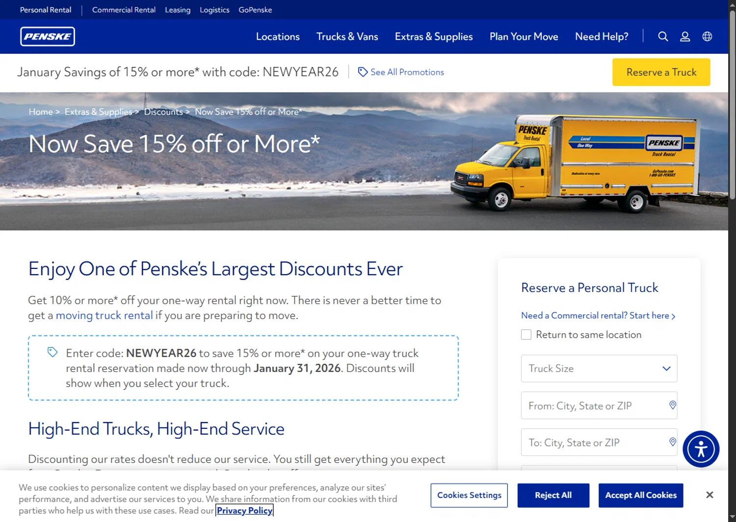 Penske Truck Rental promo code screenshot showing code NEWYEAR26 applied at Penske Truck Rental checkout page. Uploaded by SimplyCodes community member VoucherFinder3467 on Jan 22, 2026