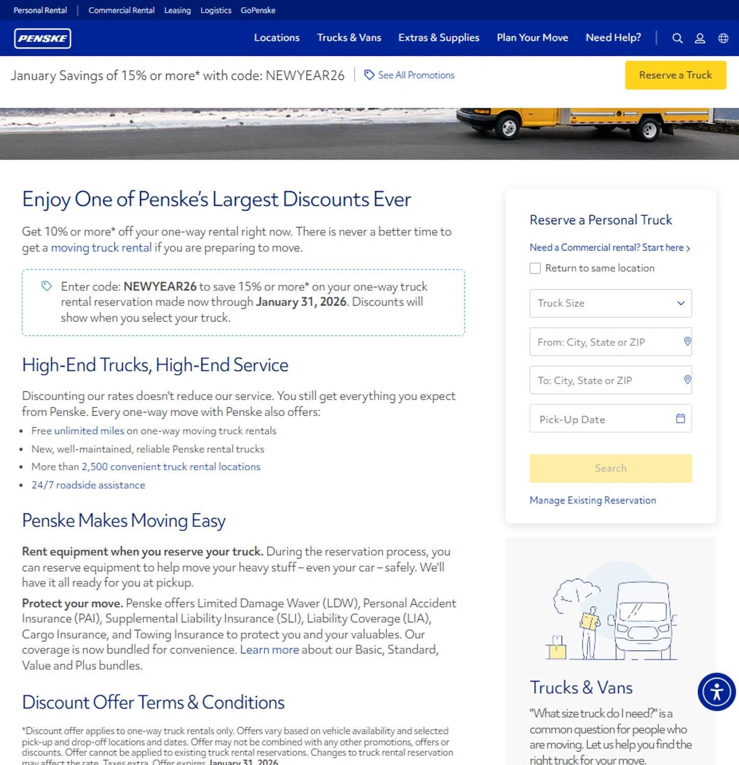 Penske Truck Rental promo code screenshot showing code NEWYEAR26 applied at Penske Truck Rental checkout page. Uploaded by SimplyCodes community member reggiesmith on Jan 2, 2026