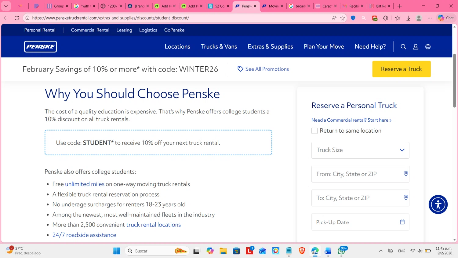 Penske Truck Rental promo code screenshot showing code MlLITARY applied at Penske Truck Rental checkout page. Uploaded by SimplyCodes community member cosita on Feb 10, 2026