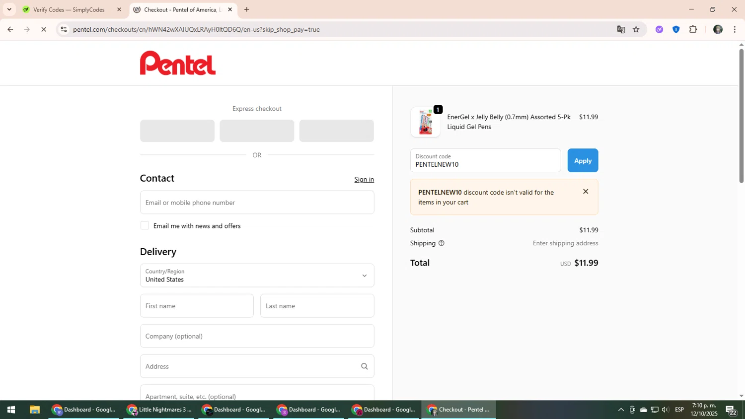Pentel discount code screenshot showing code PENTELNEW10 applied at Pentel checkout page. Uploaded by SimplyCodes community member CleverLynx6871 on Oct 12, 2025