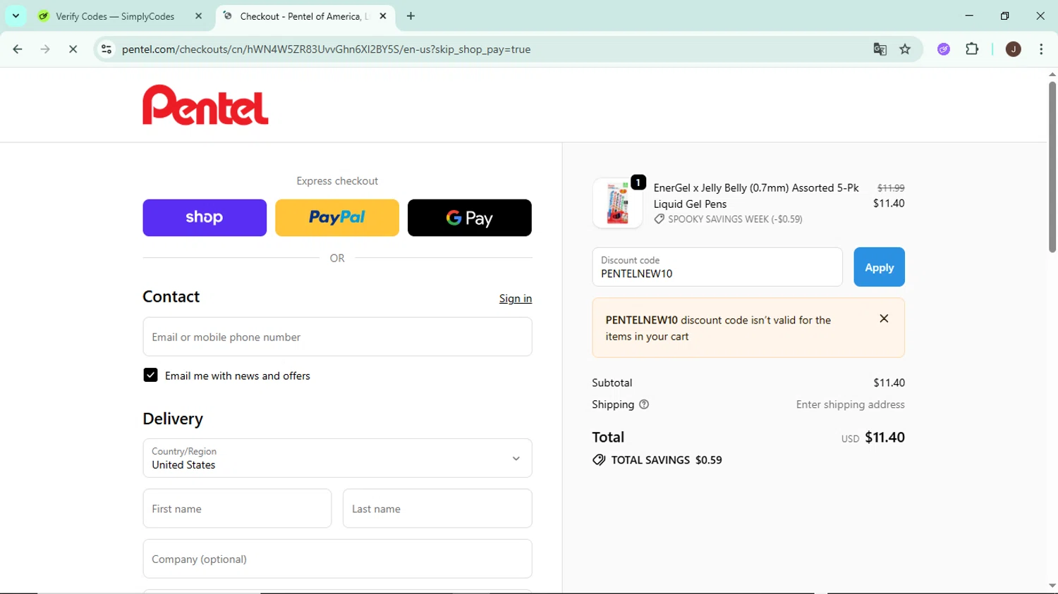 Pentel discount code screenshot showing code PENTELNEW10 applied at Pentel checkout page. Uploaded by SimplyCodes community member LegendaryAce8627 on Oct 25, 2025