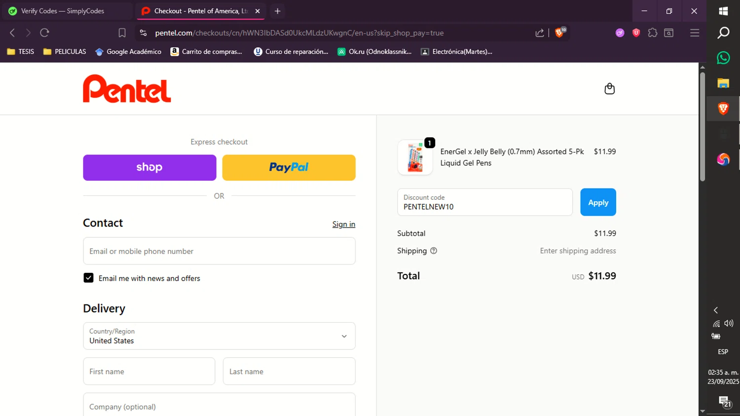 Pentel discount code screenshot showing code PENTELNEW10 applied at Pentel checkout page. Uploaded by SimplyCodes community member xXdevoragoticas69Xx on Sep 23, 2025