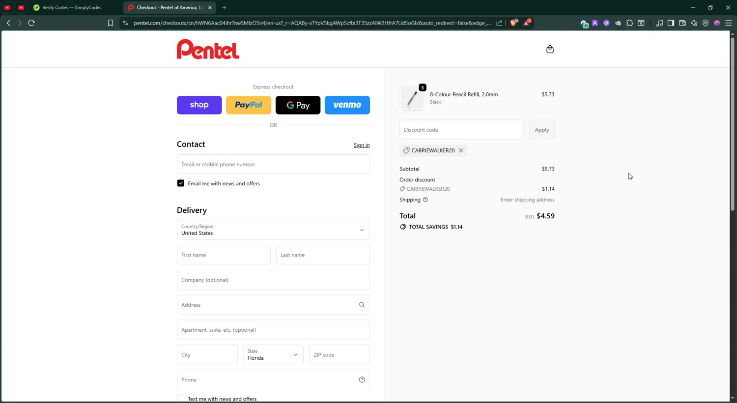 Pentel discount code screenshot showing code carriewalker20 applied at Pentel checkout page. Uploaded by SimplyCodes community member BonusShopper4099 on Dec 7, 2025