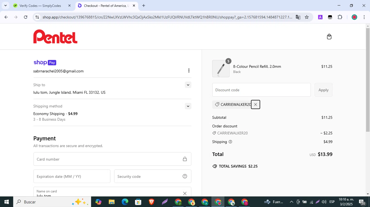 Pentel discount code screenshot showing code carriewalker20 applied at Pentel checkout page. Uploaded by SimplyCodes community member BrilliantLynx1642 on Feb 3, 2025
