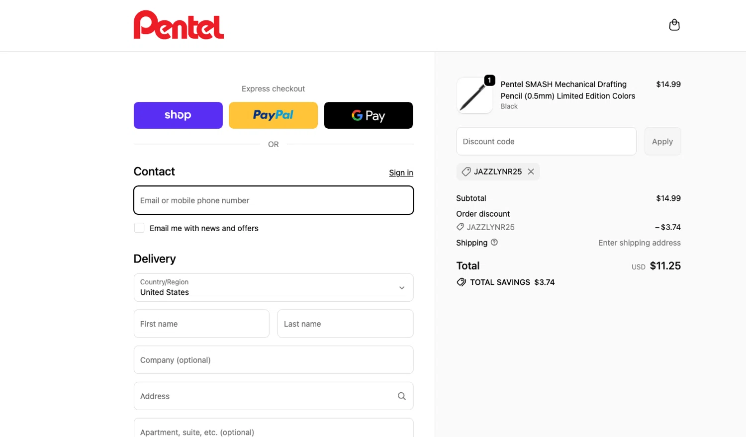 Pentel discount code screenshot showing code JAZZLYNR25 applied at Pentel checkout page. Uploaded by SimplyCodes community member ELOIN777 on Jan 7, 2026