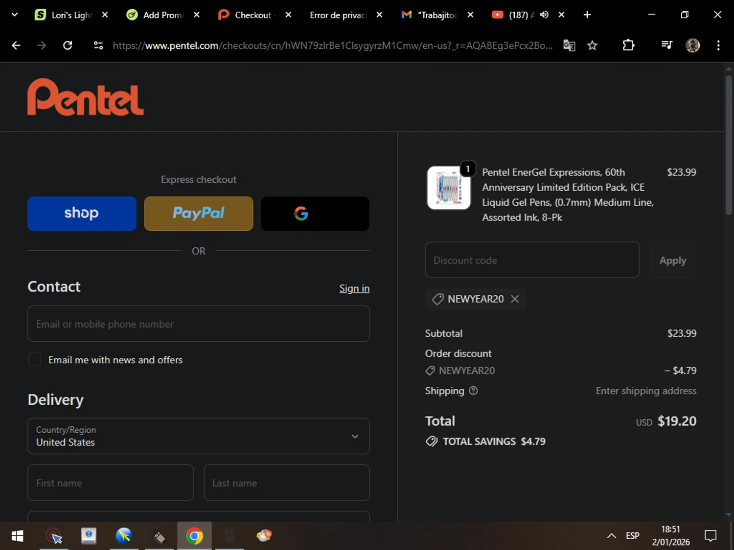 Pentel discount code screenshot showing code NEWYEAR20 applied at Pentel checkout page. Uploaded by SimplyCodes community member MarcosAranguren on Jan 2, 2026