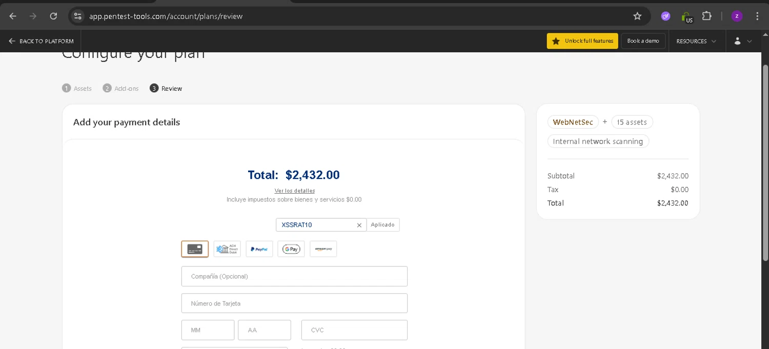 Pentest-Tools.com promo code screenshot showing code XSSRAT10 applied at Pentest-Tools.com checkout page. Uploaded by SimplyCodes community member BonusPro7395 on Jul 17, 2025