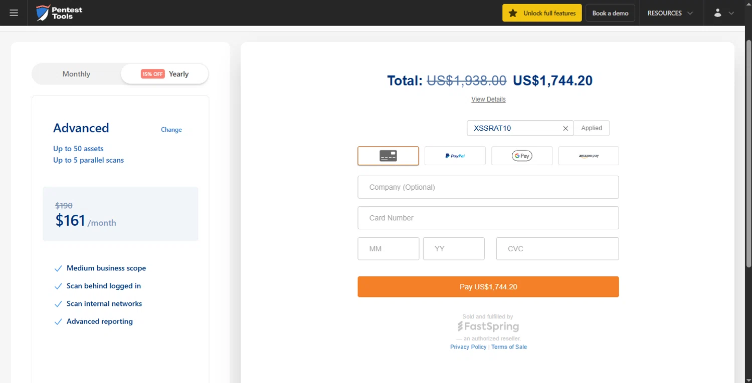 Pentest-Tools.com promo code screenshot showing code XSSRAT10 applied at Pentest-Tools.com checkout page. Uploaded by SimplyCodes community member rapiddeals on May 18, 2025