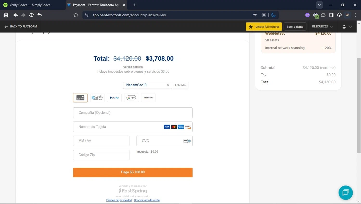 Pentest-Tools.com promo code screenshot showing code NahamSec10 applied at Pentest-Tools.com checkout page. Uploaded by SimplyCodes community member BrilliantTitan6909 on Sep 3, 2025