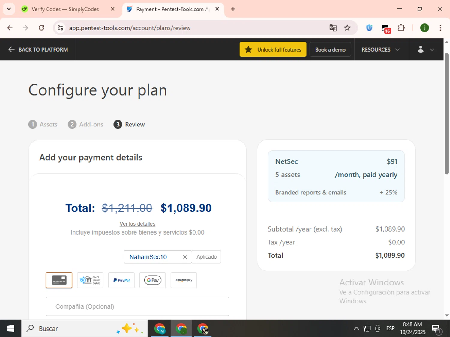 Pentest-Tools.com promo code screenshot showing code NahamSec10 applied at Pentest-Tools.com checkout page. Uploaded by SimplyCodes community member SavingsCollector2592 on Oct 24, 2025