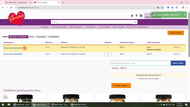 Penzeys Spices checkout page showing Penzeys Spices promo code box | Screenshot taken by SimplyCodes community member on Sep 3, 2025