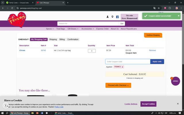 Penzeys Spices checkout page showing Penzeys Spices promo code box | Screenshot taken by SimplyCodes community member on Jul 29, 2025