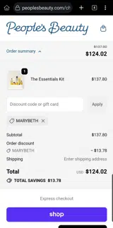 MARYBETH coupon verification screenshot