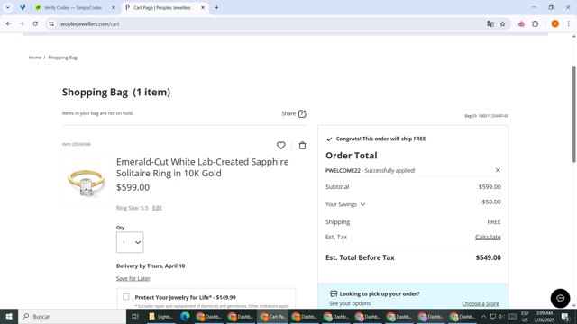 Peoples Jewellers checkout page showing Peoples Jewellers promo code box | Screenshot taken by SimplyCodes community member on Mar 26, 2025