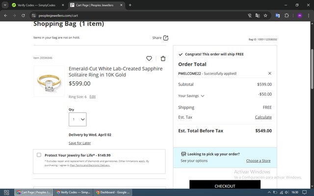 Peoples Jewellers checkout page showing Peoples Jewellers promo code box | Screenshot taken by SimplyCodes community member on Mar 18, 2025