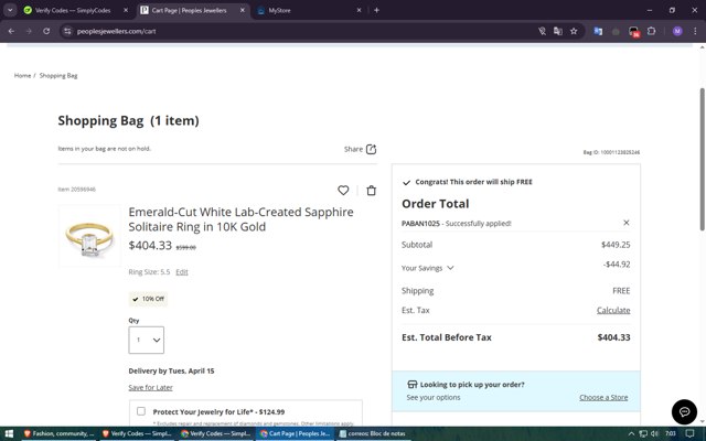 Peoples Jewellers checkout page showing Peoples Jewellers promo code box | Screenshot taken by SimplyCodes community member on Mar 29, 2025