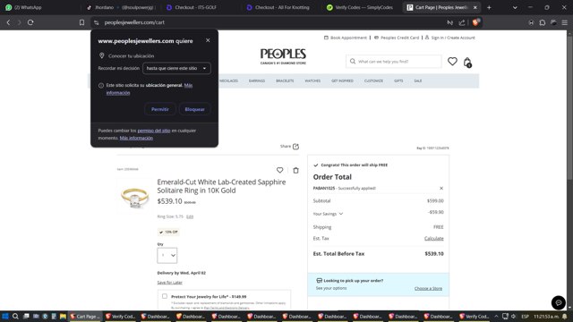 Peoples Jewellers checkout page showing Peoples Jewellers promo code box | Screenshot taken by SimplyCodes community member on Mar 18, 2025