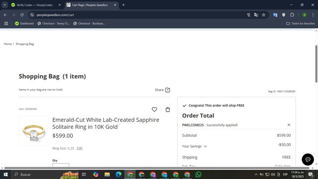 Peoples Jewellers checkout page showing Peoples Jewellers promo code box | Screenshot taken by SimplyCodes community member on Mar 18, 2025
