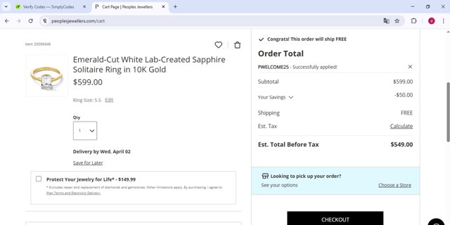 Peoples Jewellers checkout page showing Peoples Jewellers promo code box | Screenshot taken by SimplyCodes community member on Mar 18, 2025