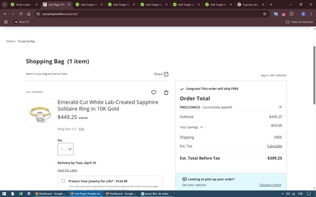 Peoples Jewellers checkout page showing Peoples Jewellers promo code box | Screenshot taken by SimplyCodes community member on Mar 29, 2025