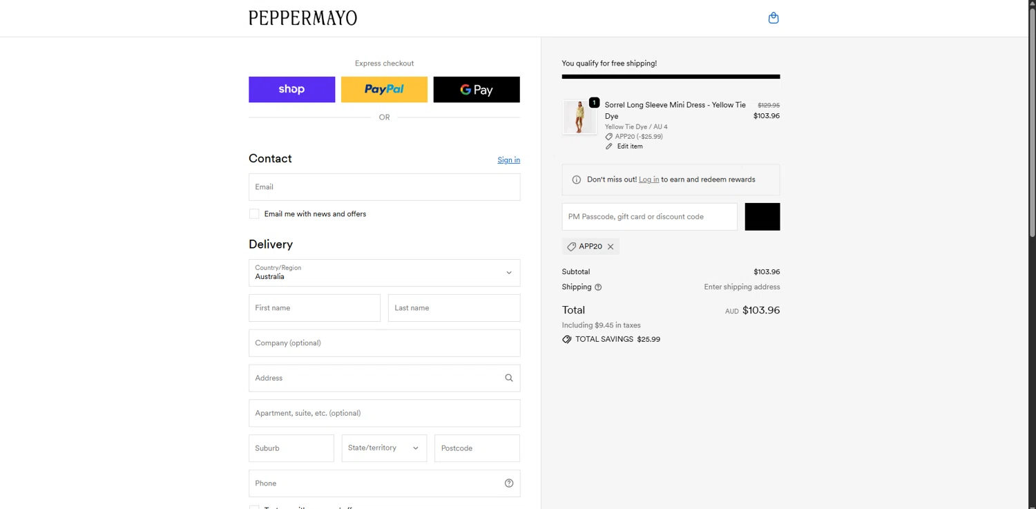 Peppermayo promo code screenshot showing code APP20 applied at Peppermayo checkout page. Uploaded by SimplyCodes community member RebatePioneer1295 on Feb 21, 2026