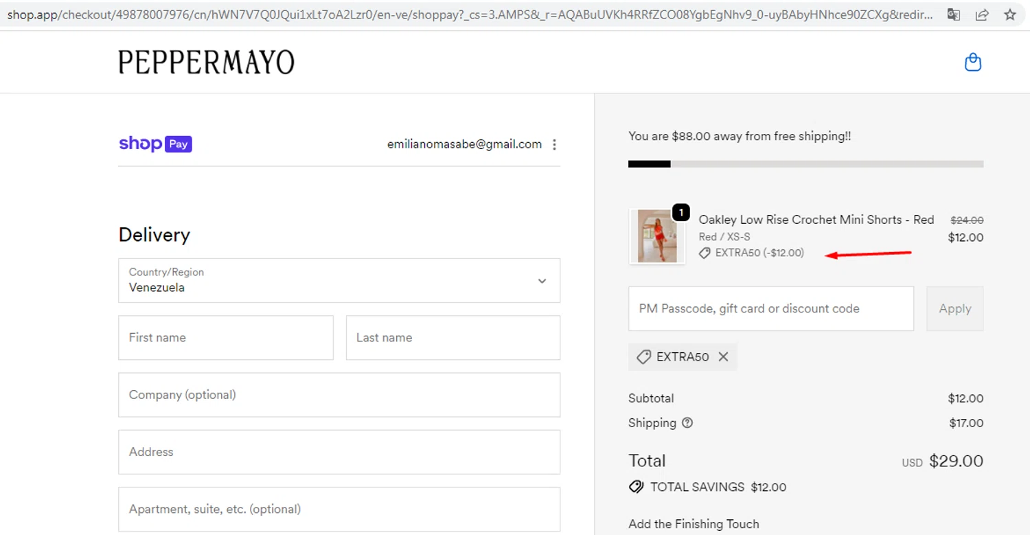 Peppermayo promo code screenshot showing code extra50 applied at Peppermayo checkout page. Uploaded by SimplyCodes community member EMILIANOMASABE on Jan 11, 2026