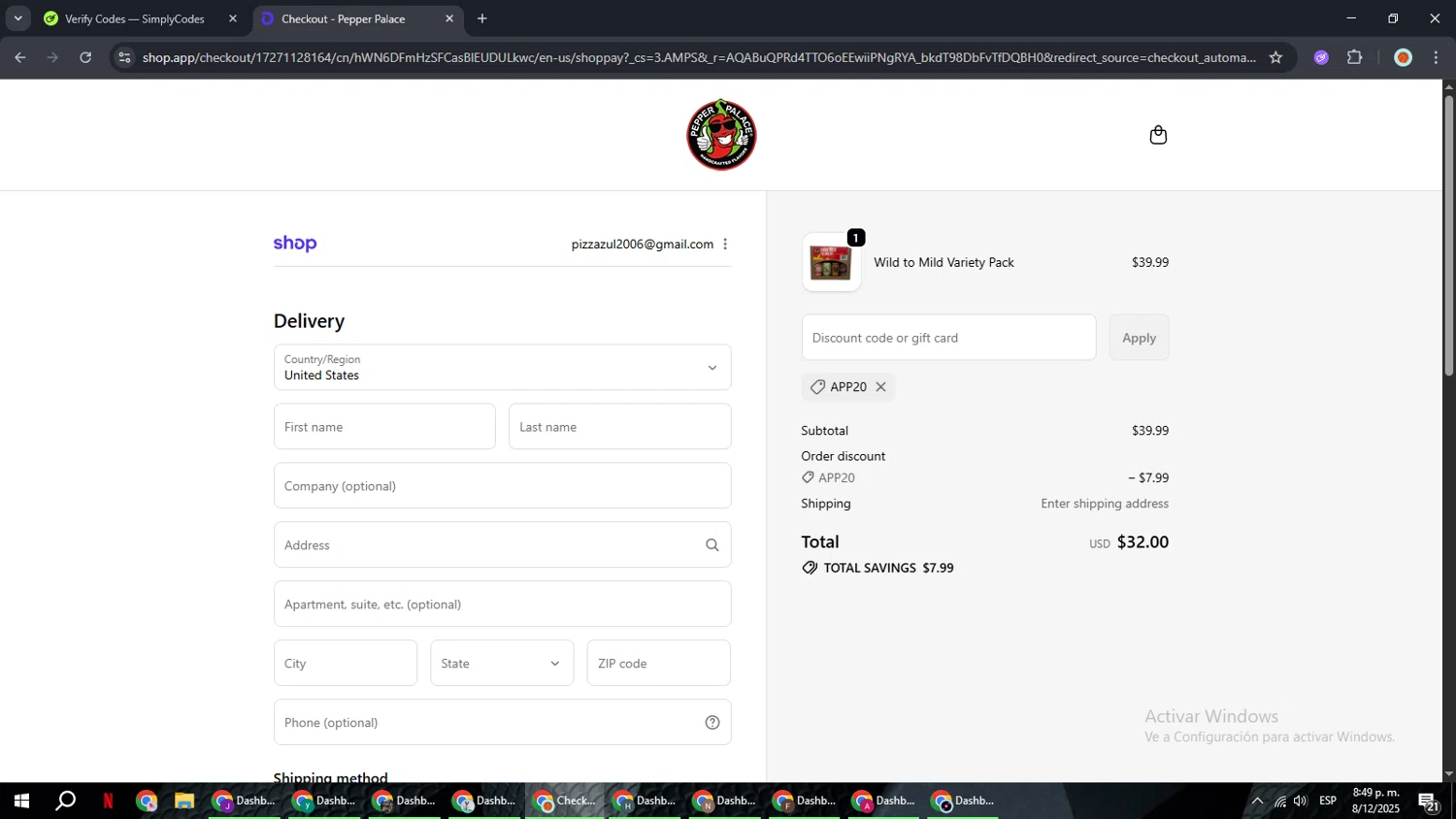 Pepper Palace discount code screenshot showing code APP20 applied at Pepper Palace checkout page. Uploaded by SimplyCodes community member BonusCaptain9927 on Dec 9, 2025